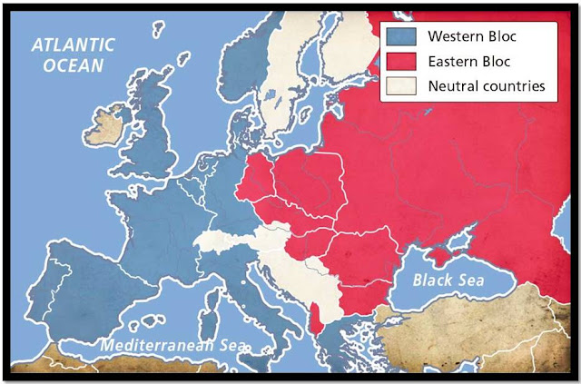 Map of divided Europe showing Iron Curtain, Cold War
